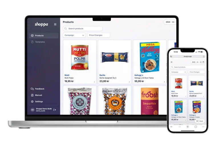 Shoppa-appens produktvy på laptop och mobil