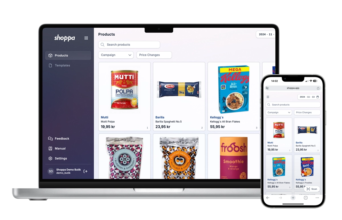 Shoppa-appens produktvy på laptop och mobil
